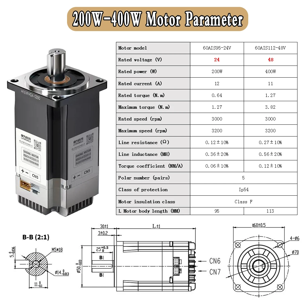 24V/48V DC Servo Motor All-in-one Integrated Drive 400W 750W Low Voltage 60 80mm Motor 17Bit Absolute Encoder 3000RPM With RS485