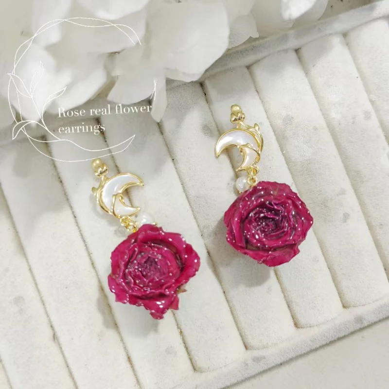 

Immortal Rose Series Elegant Earrings For Women Unique Epoxy Resin Real Rose Earrings Natural Rose Flower Jewelry Wholesale