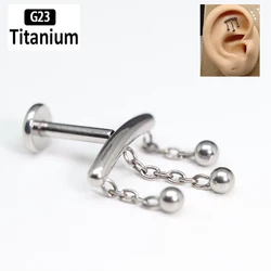 ASTM F136 Titanium Labret Piercing Chain Ear Studs Tragus Lip Rings Internal Thread Helix Earrings Ear Cartilaged Lobe Jewelry