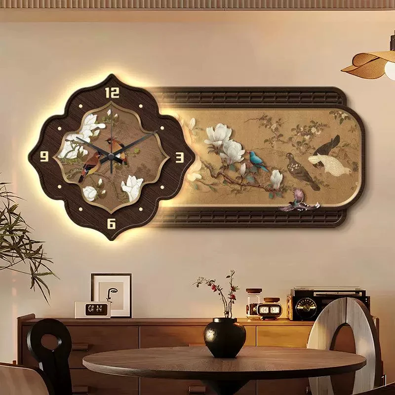 Chinese aesthetic clock dining room decoration painting Zen flower and bird living room bucket cabinet wall clock mural lamp