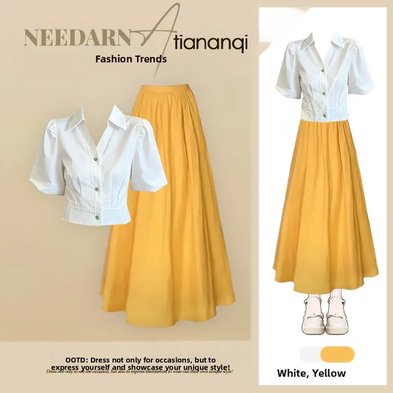 

Slimming High Waist Short Bubble Sleeve Shirt And Half Skirt Two Piece Set Summer 2026 Elegant Little Fragrance Style Fashion...