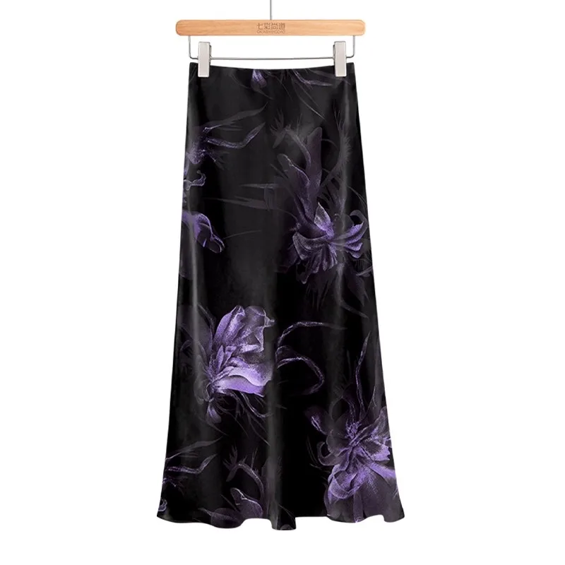 กระโปรงทรงดินสอผ้าซาตินสำหรับผู้หญิง สีม่วงลายดอกไม้ เอวยางยืด ความยาวปานกลาง เหมาะสำหรับฤดูใบไม้ผลิและฤดูใบไม้ร่วง