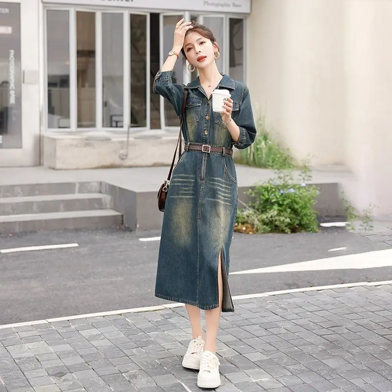 

Fashionable Denim Dress Women Elegant High Waisted Three Quarter Sleeve Dresses Casual Washed A-line Long Jeans Dresses