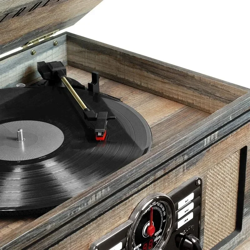 Nostalgic 6-in-1 Bluetooth Record Player & Multimedia Center with Built-in Speakers - 3-Speed Turntable, CD & Cassette Player