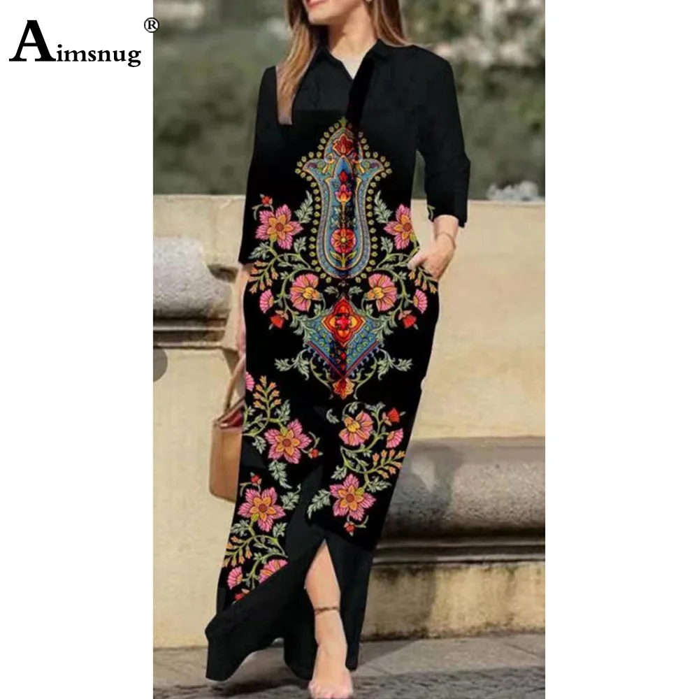 Aimsnug 2023ฤดูร้อนผู้หญิงเสื้อสุภาพสตรี Elegant Boho Dresses ดอกไม้พิมพ์พลัสขนาดหญิงเดี่ยว Maxi ชุด