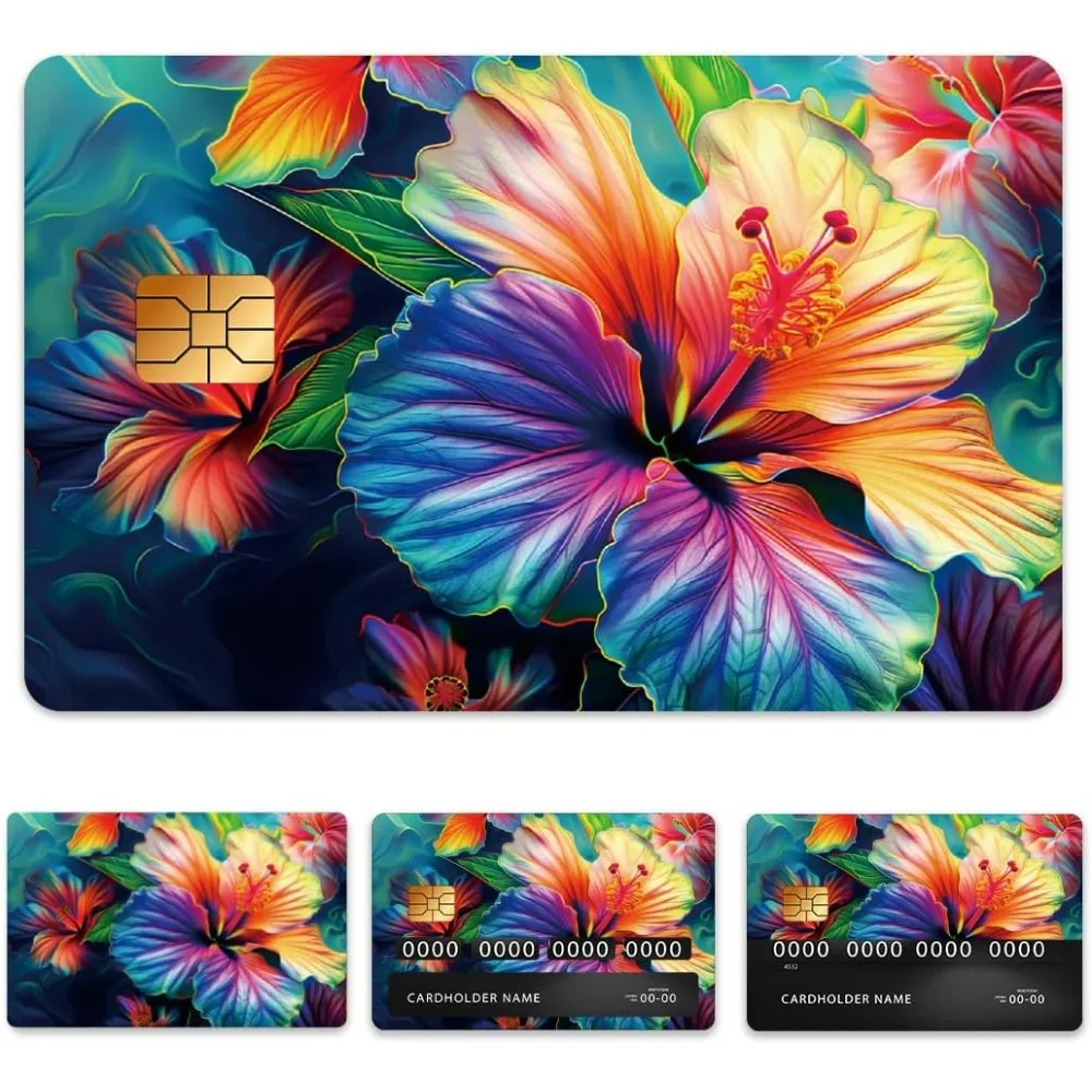 Colorful Hibiscus Credit Debit Card Skin Sticker Cover, Waterproof Scratch-Resistant and Attractive Card Skin Custom 4 Styles