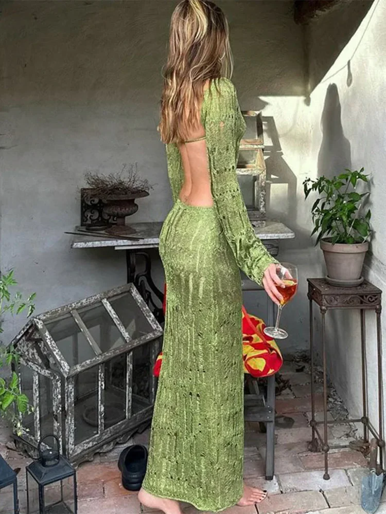 TARUXY See Through Backless Sexy Dress For Women Summer Hollow Out Kintted  Maxi Dresses Femme Club Fashion Solid Vestido Woman - AliExpress 200000345