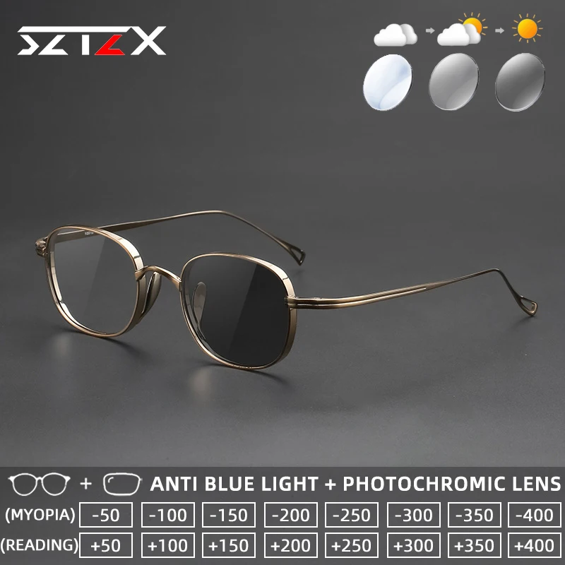 

Очки для чтения SZTZX Retro: прочные, удобные, фотохромные, с защитой от синего света, квадратные, из чистого титана, прогрессивные, с диоптриями