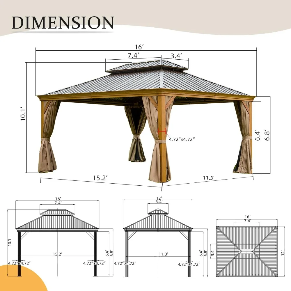 12’ x 16’ Hardtop Gazebo Outdoor Aluminum Wood Grain Gazebos with Galvanized Steel Double Canopy for Patios Deck Backyard