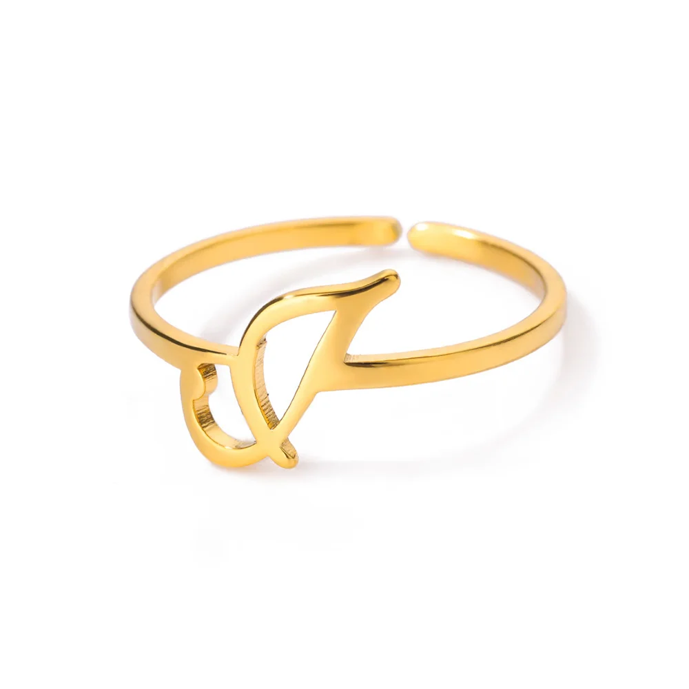 Initial Letter Rings for Women, Gold Color Adjustable A-Z Ring