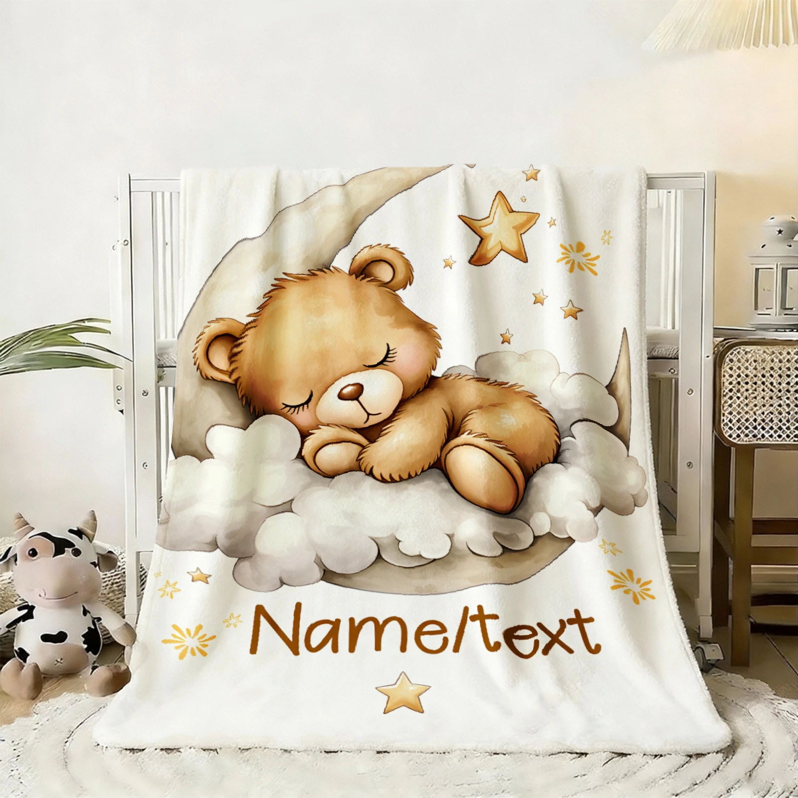 Cute Teddy Bear Blanket With Name Customized Flannel Blanket For Kids Boys Girls Soft Birthdays Gifts Home Bed Sofa Decor