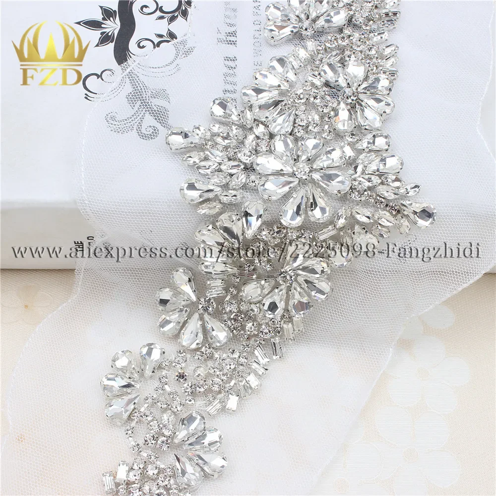 FZD 1 Piece Handmade Rhinestones Sewing on Crystal white Gauze Applique Rhinestone Trim for Wedding Bridal Dress Clothes FA-880