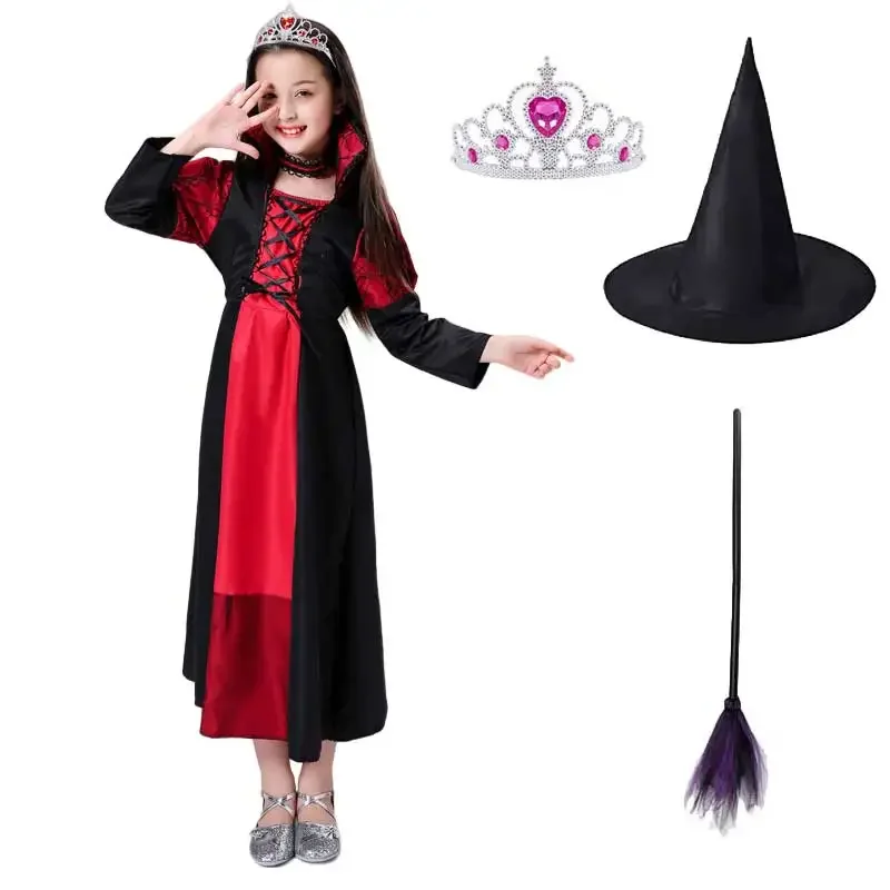 Child witch dress Halloween costume red and black vampire Cosplay Carnival Night party cosplay long skirt