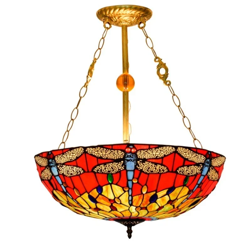 

60CM retro red background dragonfly, European style stained glass dining room bedroom chandelier