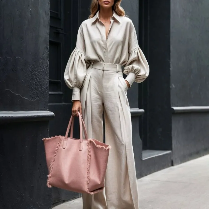 

Elegant Two-piece Set Women Autumn 2025 Lapel Lantern Sleeve Shirts & Pants Outfits High Street Button Casual Loose Solid Suits