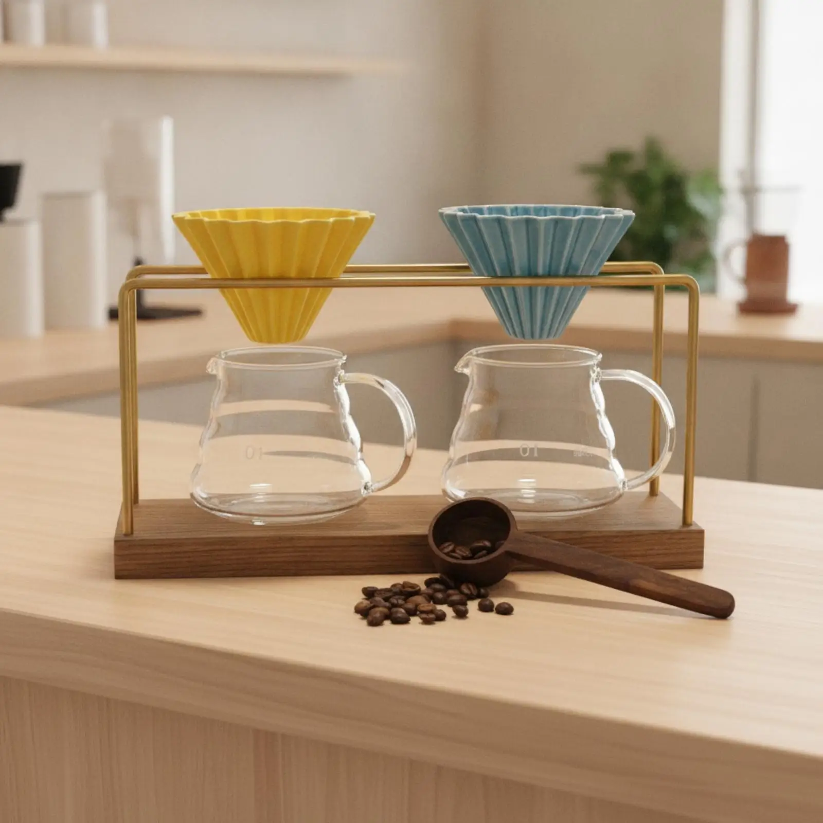 Coffee Pour Manual Brew Stand Brass-Toned Pour over Coffee Stand Solid Wood for