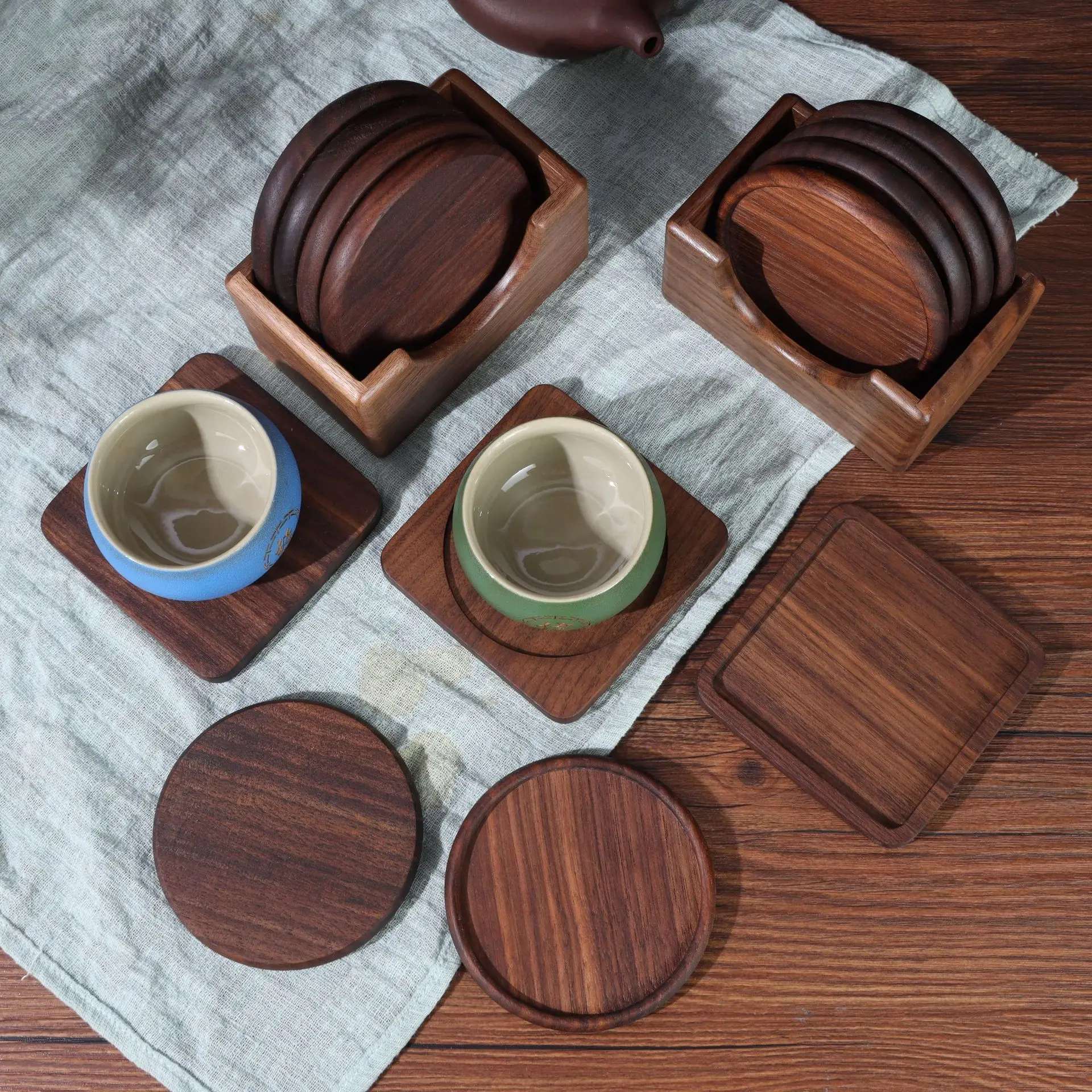 

Red Sandalwood & Walnut Coasters Set - Handcrafted Bamboo Tea Cup Mats, Square & Round Wooden Heat Resistant Pads