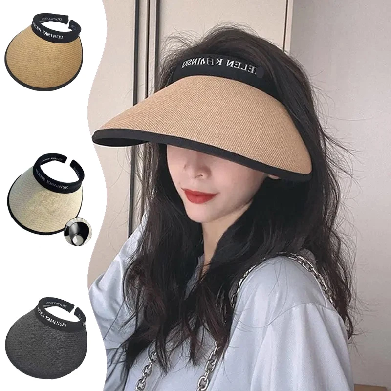 New Summer Empty Top Sun Hat Anti UV Female Outdoor Visor Cap Casual Shade Hat Straw Wide Large Brim Beach Travel Sunhat Lady