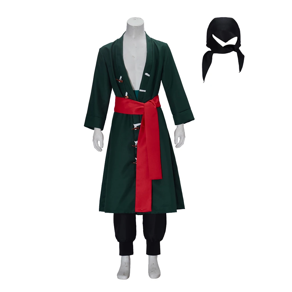 Disfraz de Anime Roronoa Zoro, uniforme, abrigo verde, cinturón, pantalones, pañuelo para la cabeza, conjunto completo, traje de Carnaval de Halloween para hombres adultos
