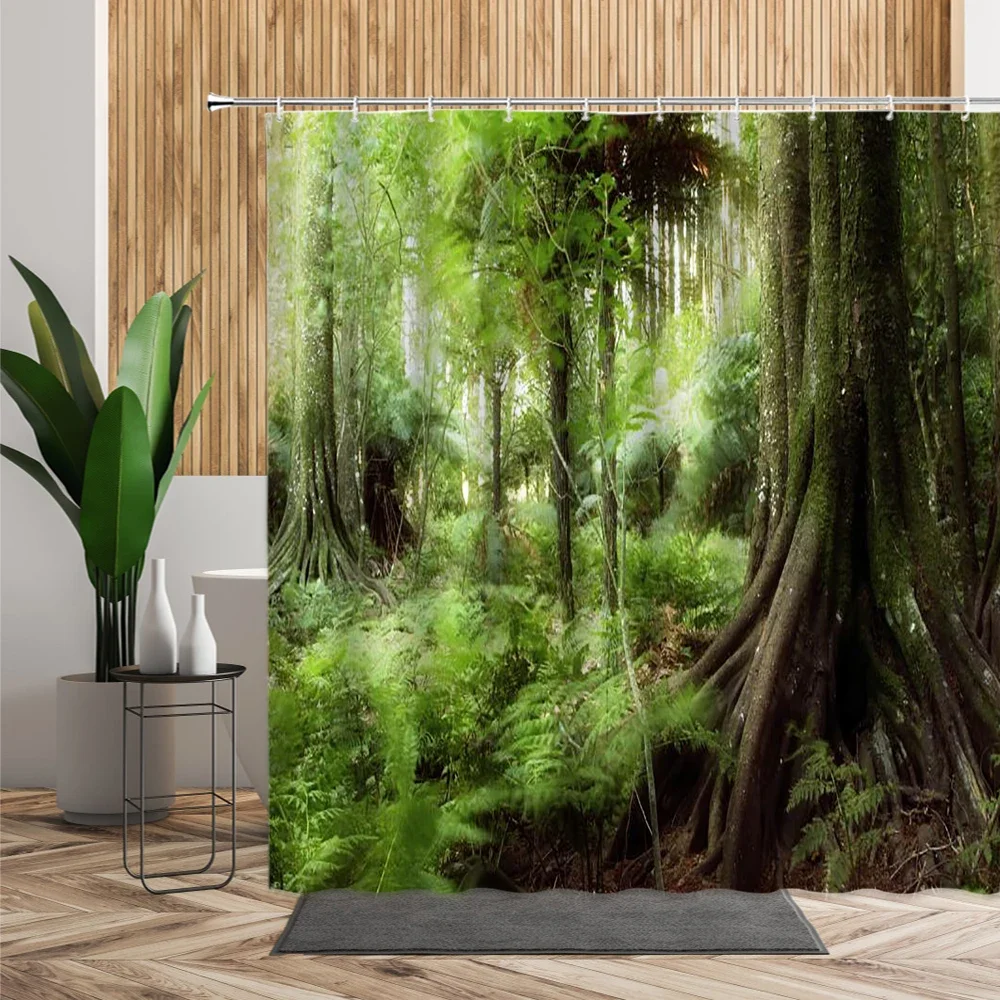 3D Tropical Forest Natural Scenery Waterproof Shower Curtain Green Trees Moss Deep Forest Bathroom Partition Screen Bath Curtain