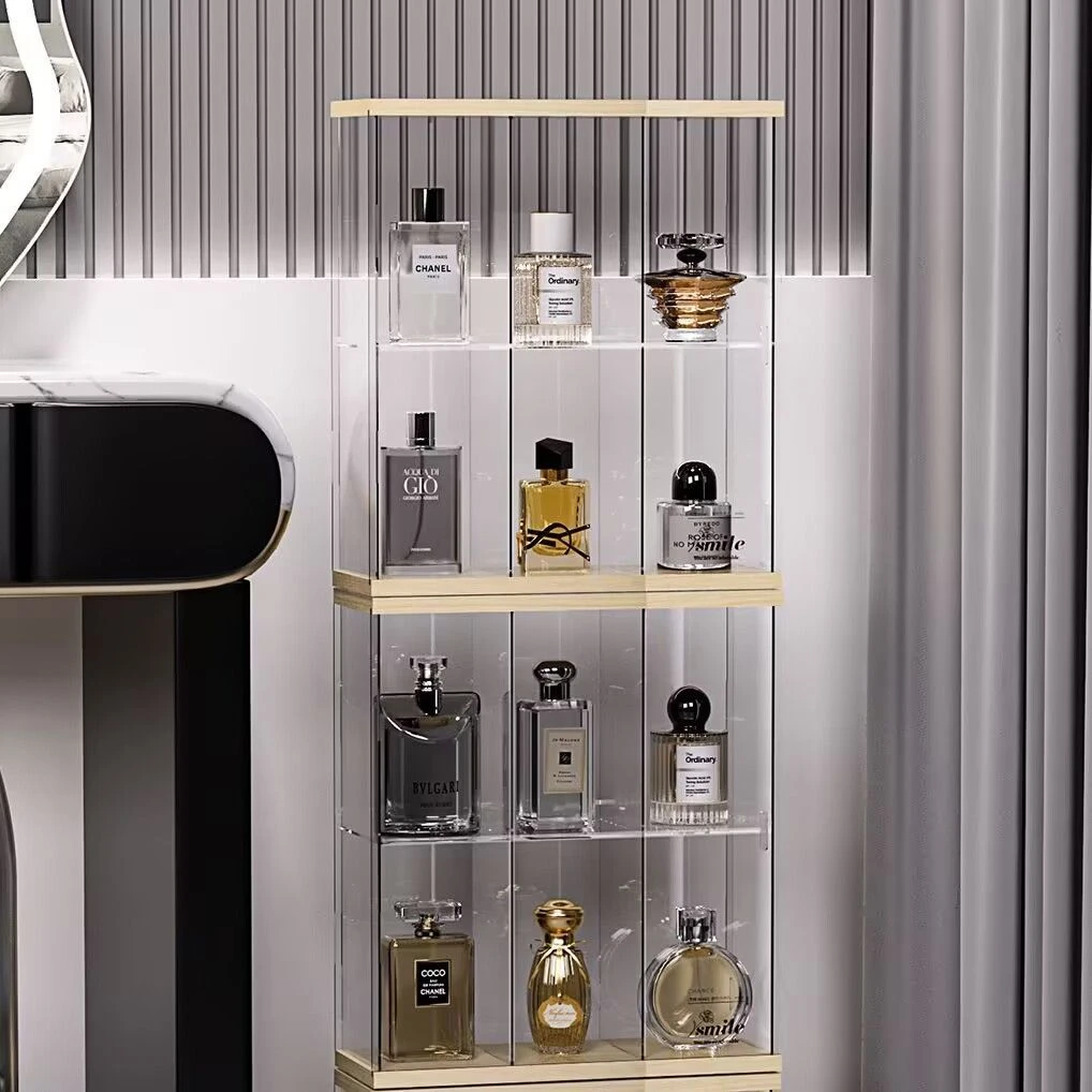 Wooden Acrylic Perfume Display Stand, Dustproof Cosmetic Storage Box, Bathroom Dressing Table Skincare Product Display Cabinet