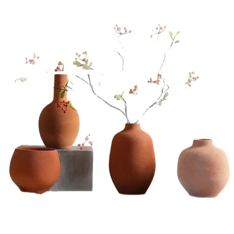 Red Thick Pottery Vase Sanded Ceramic Flower Vase Handmade Flower Arrangement Flower Vases Flowerpot Home Decoration Accessories