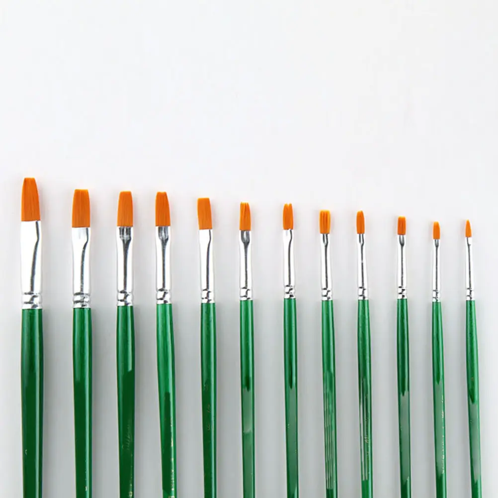 12Pieces Paint Brush Set Wooden Handles Green Round Pointed Tip Double Crimped Ferrule Acrylic Oil Watercolor Gouache Fine