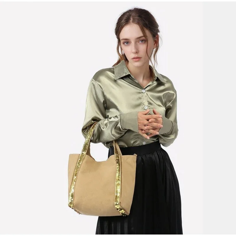 Pailletten-Canvas-Einkaufstasche mit Reißverschluss, große Kapazität, Vintage-Kontrastfarbe, Damen-Umhängetasche, Designer-Pendler-Alltagshandtasche, Schwarz – Detail 27