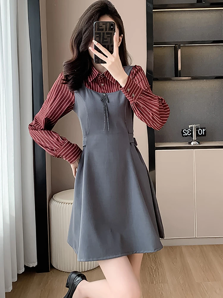 2024 New Patchwork Striped Long Sleeve Mini Dress Spring Chic Bow Polo Collar Shirt Dress Women Korean Eleegant Bodycon Vestidos