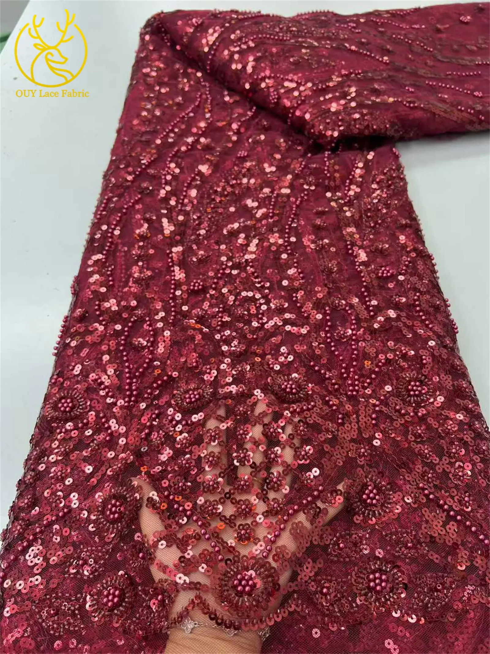 5 Yards afrikanischer, lindgrüner Perlen-Pailletten-Spitzenstoff 2026, königlicher französischer Pailletten-Tüll-Spitzenstoff für Damen-Partykleider, Nähmaterial – Detail 8
