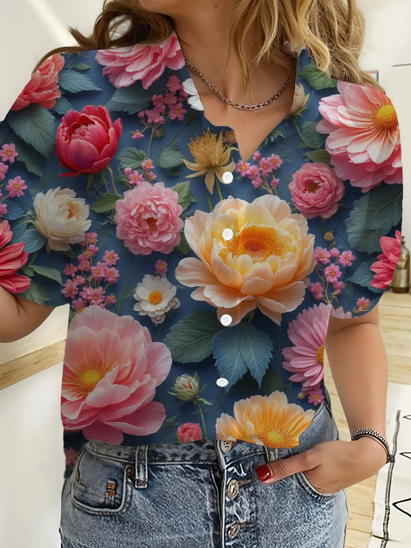 Camisas havaianas femininas manga curta botão floral rosa impresso topos casuais camisas de praia verão nova blusa de girassol topos femininos