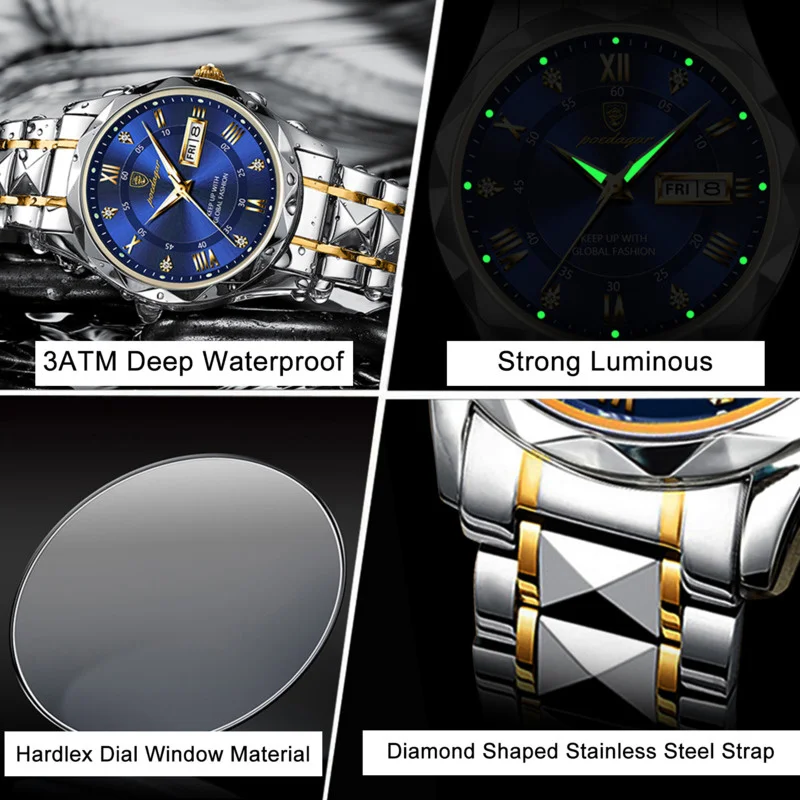 Quartz Watch For Men Luxury Business Waterproof Glow Date Week High Quality Stainless Steel Quartz Men Watches Reloj Hombre