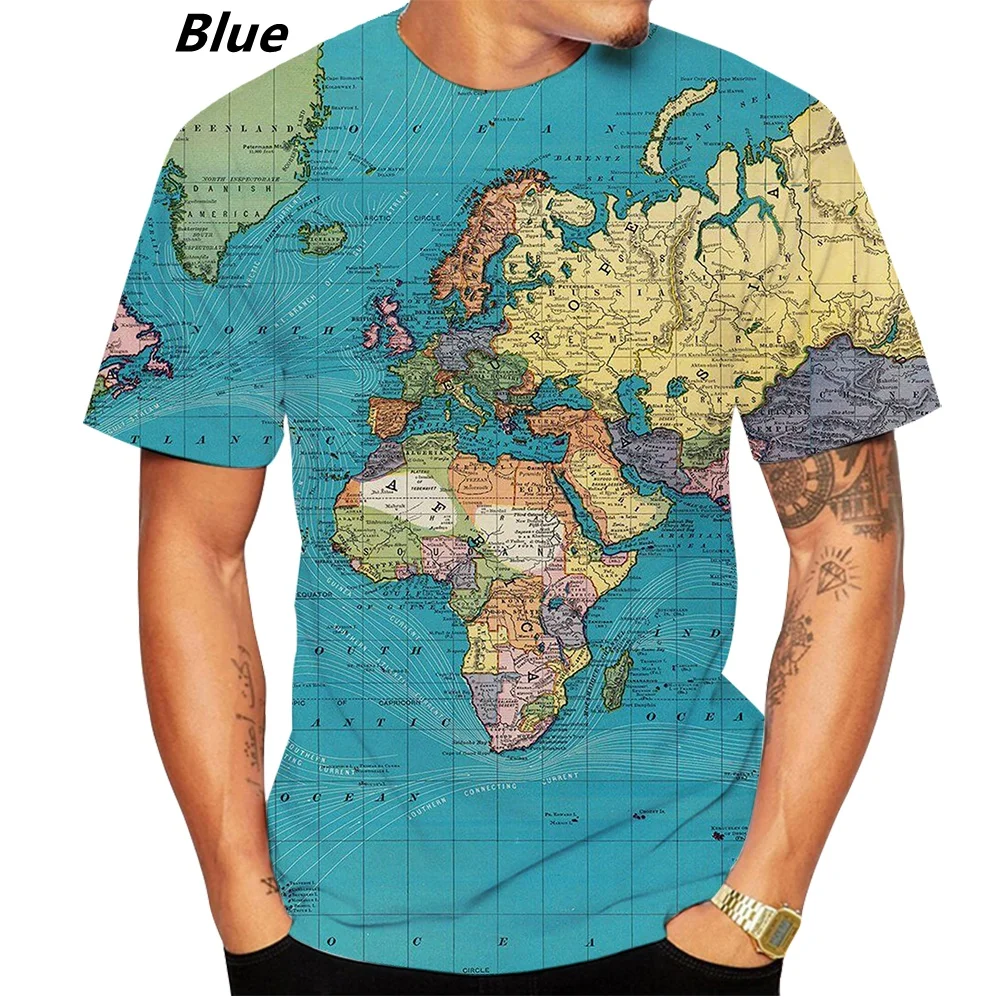 Map of Five Continents Men's ultra-thin short sleeve T-shirt, 3D World map printed shirt, personalized, casual, super large, sum