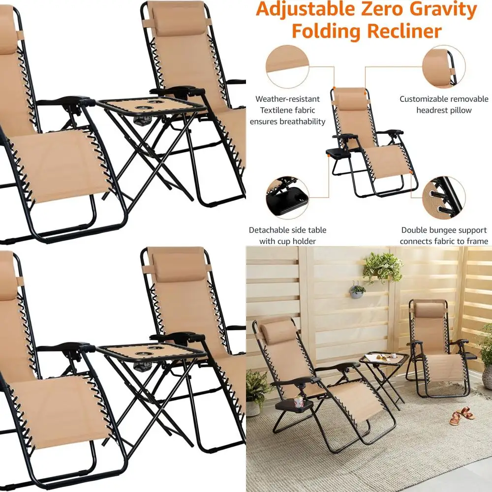 2-Piece Beige Outdoor Zero Gravity Recliner Set with Side Table, 35x26x43