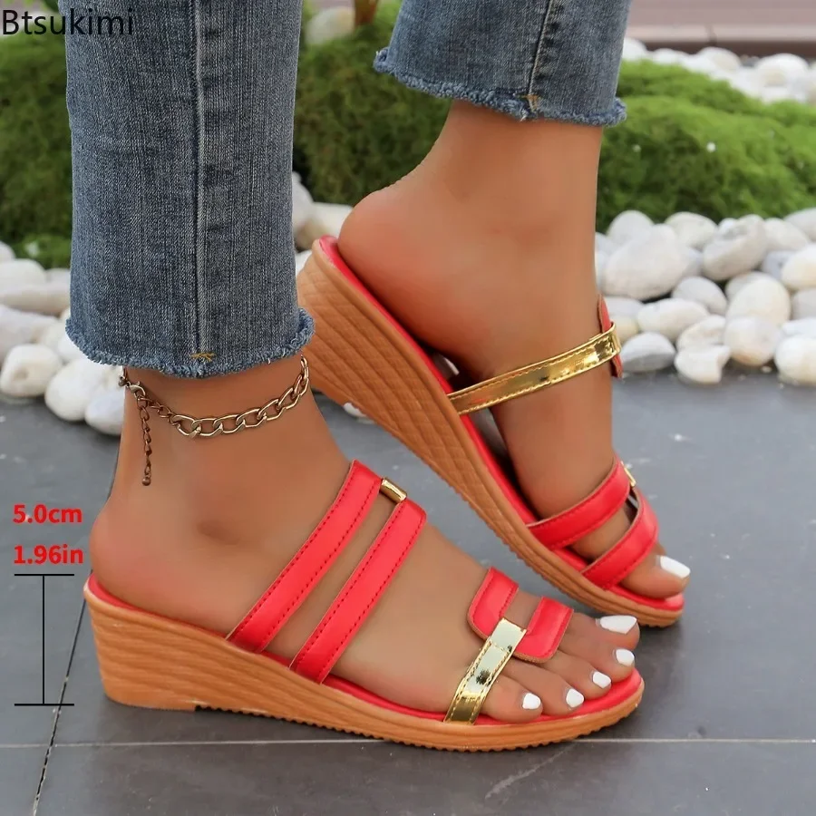 2025 Women's Summer Fashion Open Toe Slippers Color Block Design Casual Beach Shoes Comfort Leather Wedges Sandals Women Slides