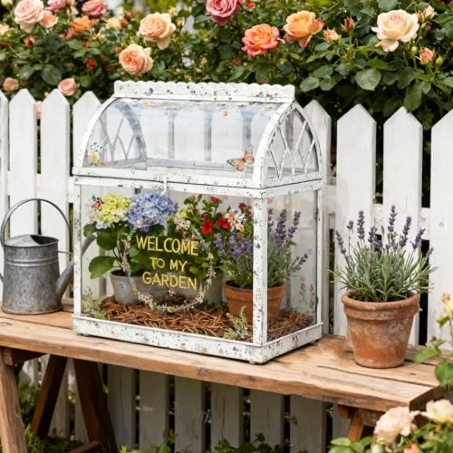 Large House Shape Glass Terrarium with Acrylic Lid, White Geometric Greenhouse-Style Planter for Ferns Succulents Air Plants, H - view 2