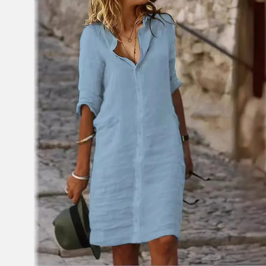 เดรสเชิ้ตทรงหลวมติดกระดุม ความ - Casual Loose Linen Shirt Dress บทวิจารณ์และราคา