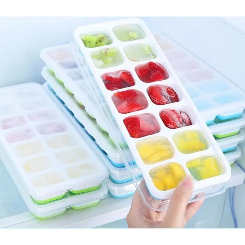 4 Pack Ice Cube Trays With Silicone Lids 14 Cavities Each Easy Release Safe Freezer Ice Making Kitchen Tool