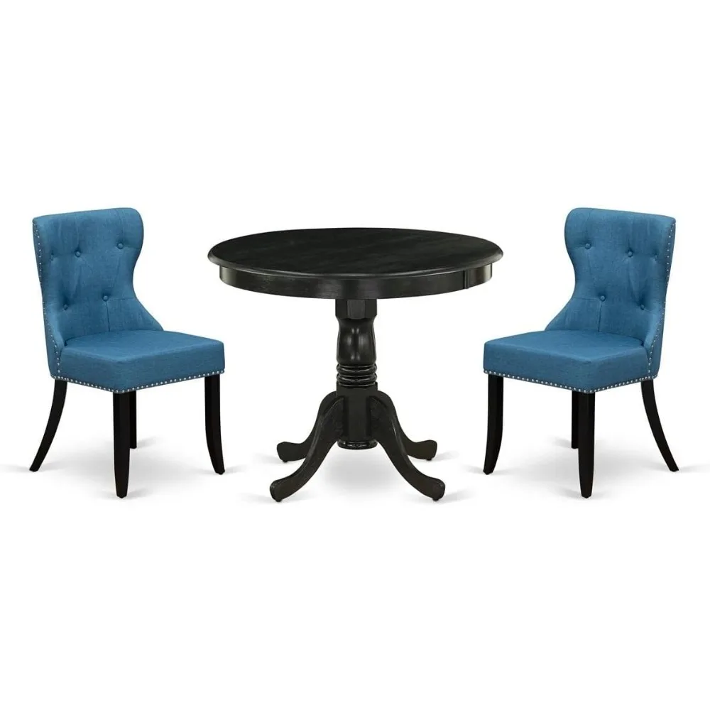 Dining Room Sets,3-piece set, one round table with base, 2 blue linen chairs, 36x36 inches,Dining Room Sets.