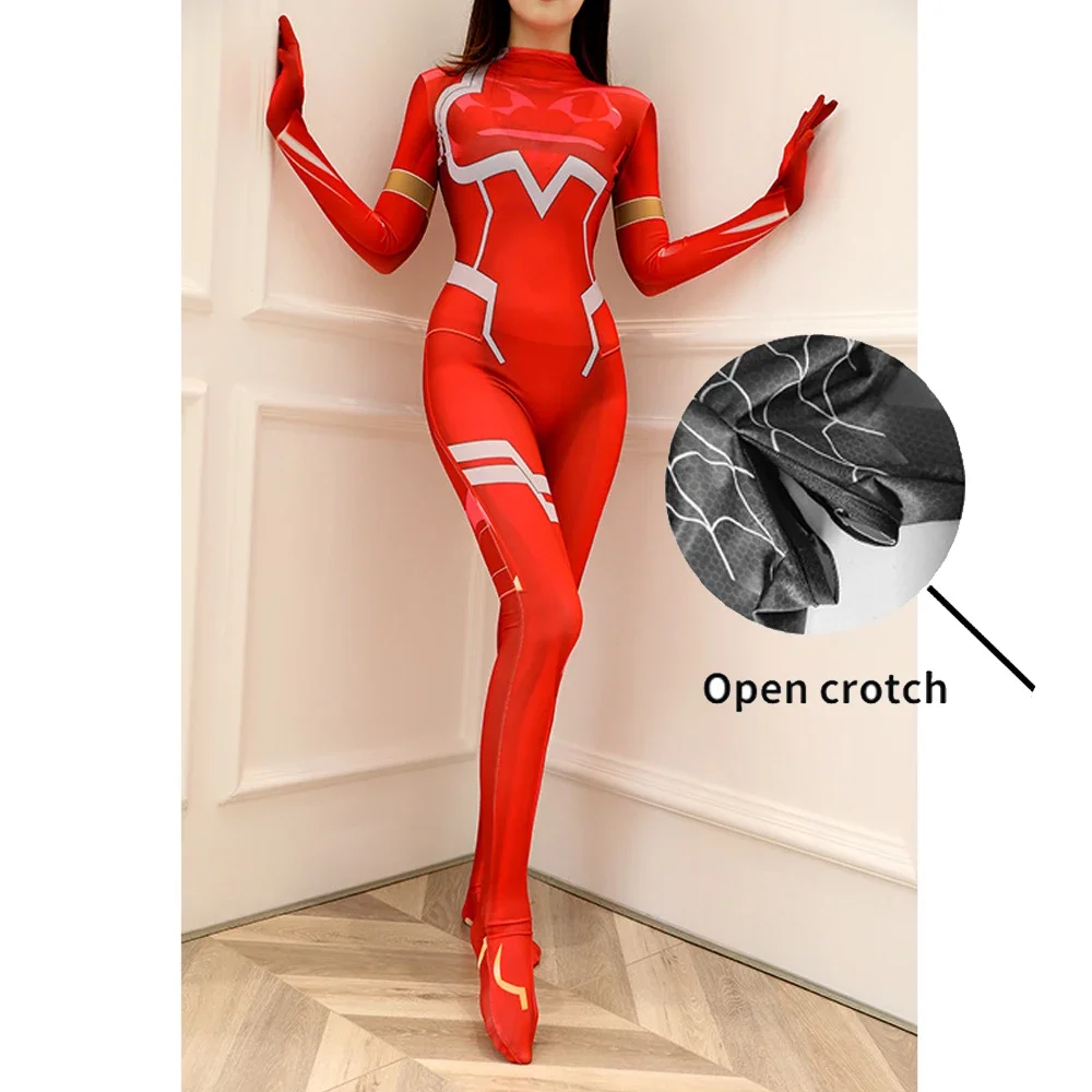 Overwatch Zentai Halloween Costume Zero Two Sexy Zentai Suit Open Crotch with Zipper Women Spandex Carnival Party Elegant Dress