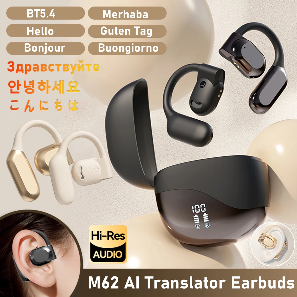 M62 Real Time AI Translators Earbuds Bluetooth-Compatible 5.4 Translator Headsets Smart Noise Cancelling Translation Headphones