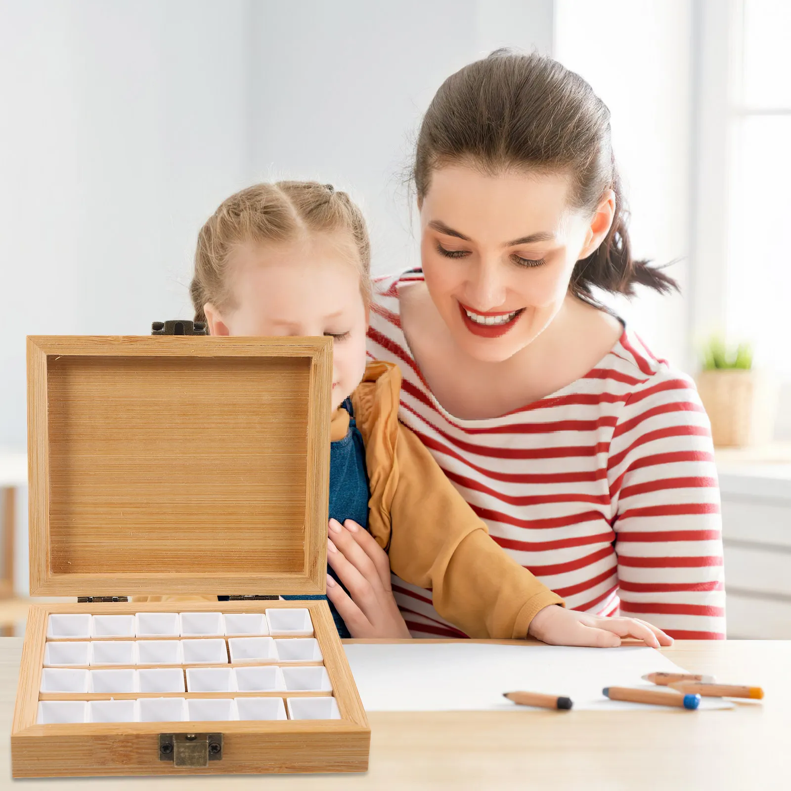 Watercolor Palette Solid Wooden 24 Grid Portable Mini Watercolor Paint Box Travel Mixing Tray Compact Pocket Palette Case