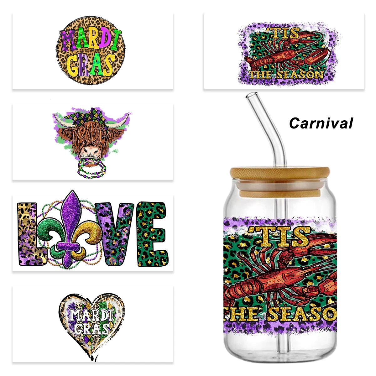 Carnival's Day Hot Selling Design 3D Uv Dtf cup Sleeve Sticker 16OZ Libbey Glass Cups Wrap Transfer Stickers