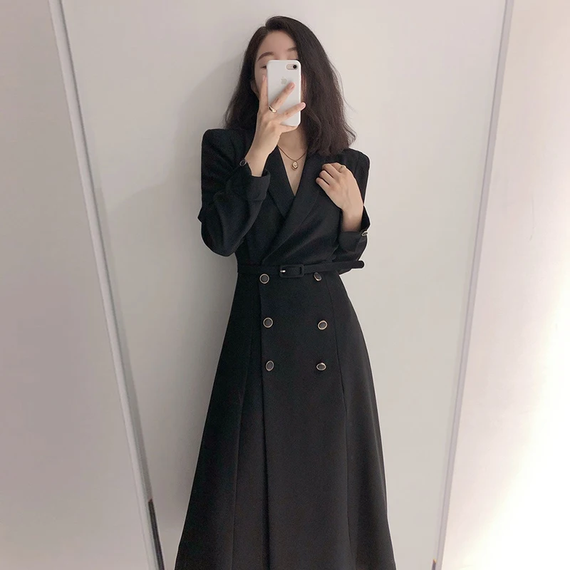 Elegant Chic Vintage Long Sleeve Windbreaker Women's Coat Double Row Button Waist Cinched Slim Fit over Knee Length