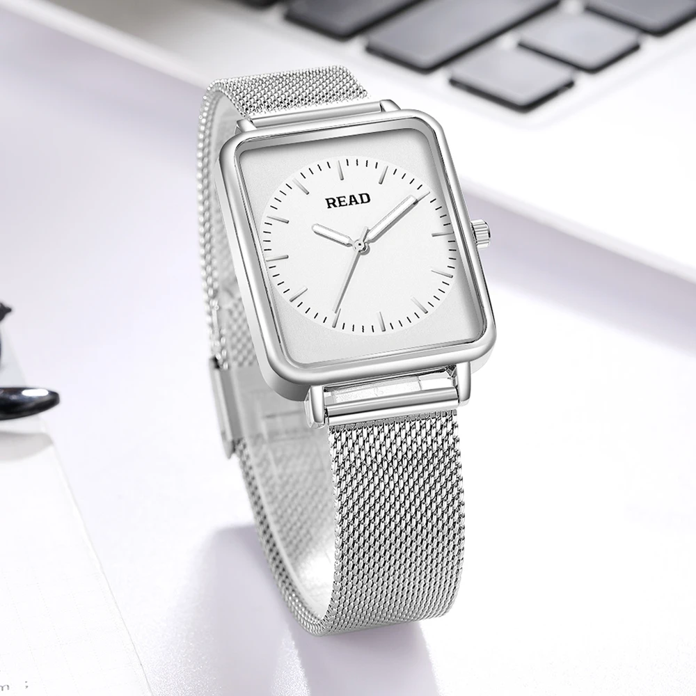 READ Minimal Square Analog Quartz Watch | Mesh Band | 30M Water Resistant | Slim Simple Daily Men Wristwatch