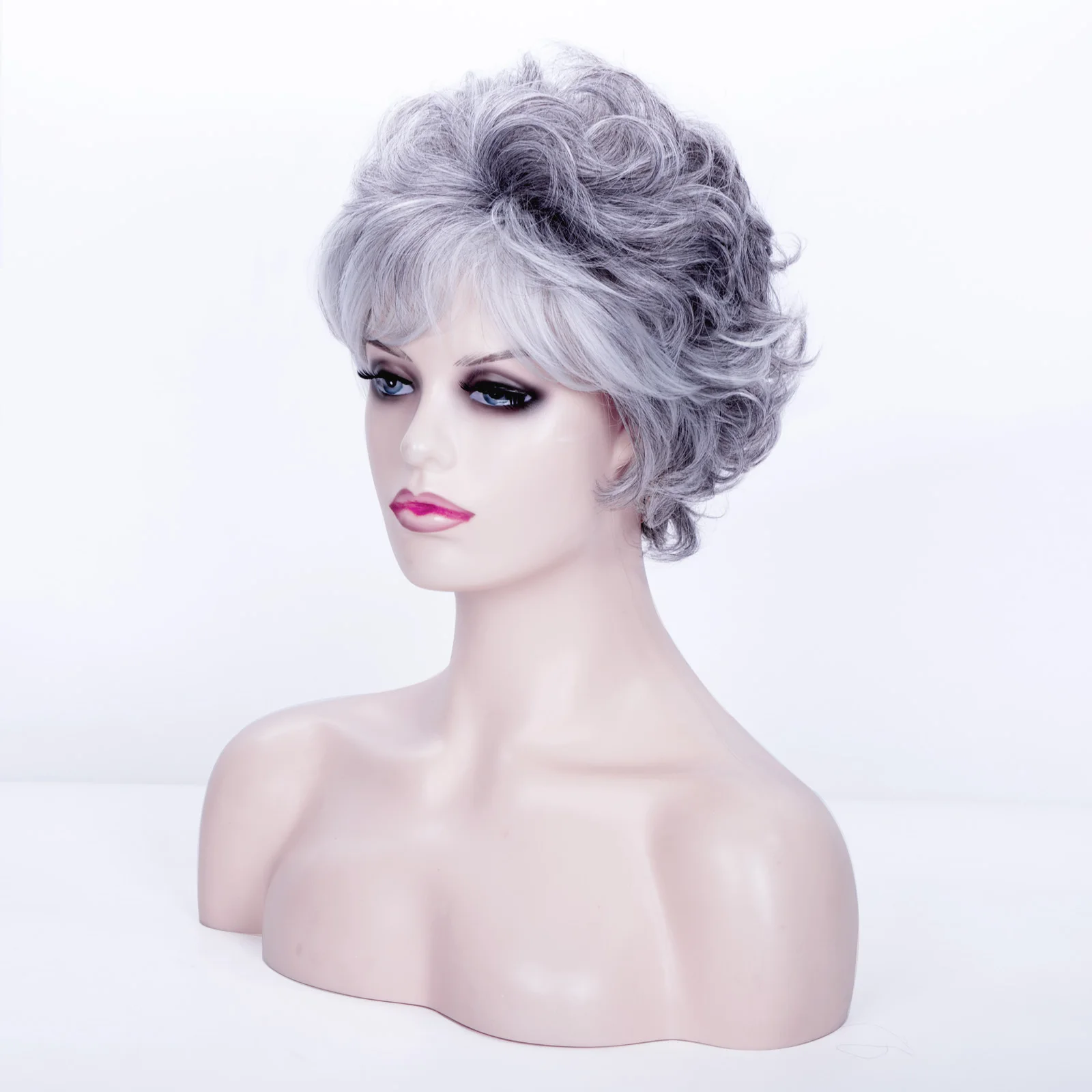 Fashion Synthetic Wig Silver Gray Short Curly Hair Bangs Daily Wear New Style Natural Curly Hair Wig