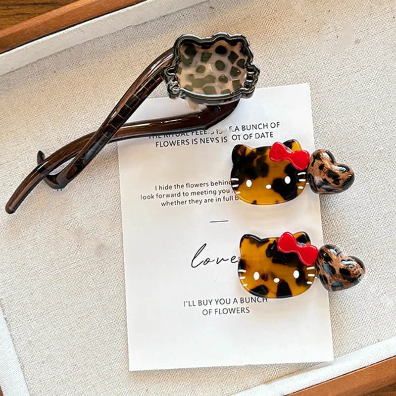 Kawaii Sanrios Anime Hellokittys Retro Leopard Print Hair Clips for Women Girls Cute Side Bangs Claw Clip Fashion Hair Accessory