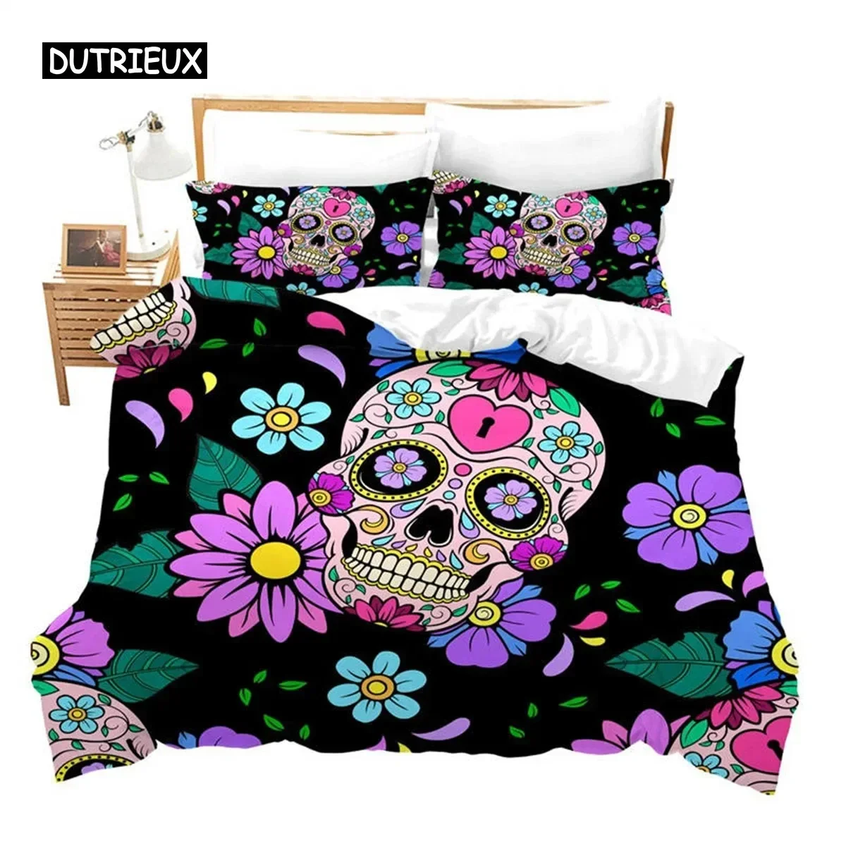 Funda nórdica con calavera de azúcar, juego de cama con esqueleto gótico, edredón Floral de Halloween, juego de funda de edredón doble completo para niñas, niños y adolescentes