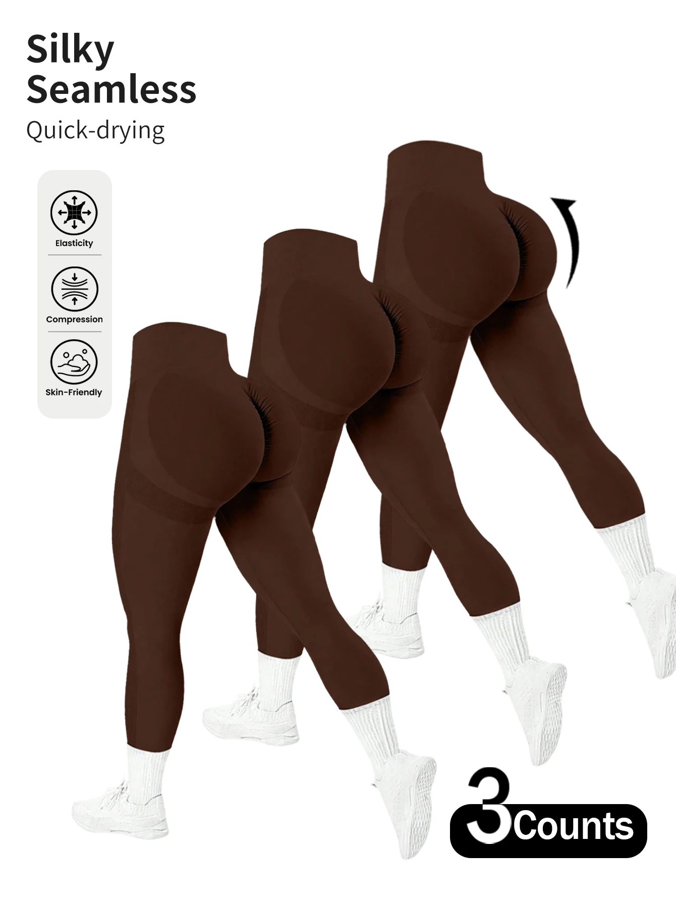 3 قطعة سراويل رياضية نسائية عالية المرونة بدون خياطة بلون واحد ، سراويل ضيقة للنساء في البطن