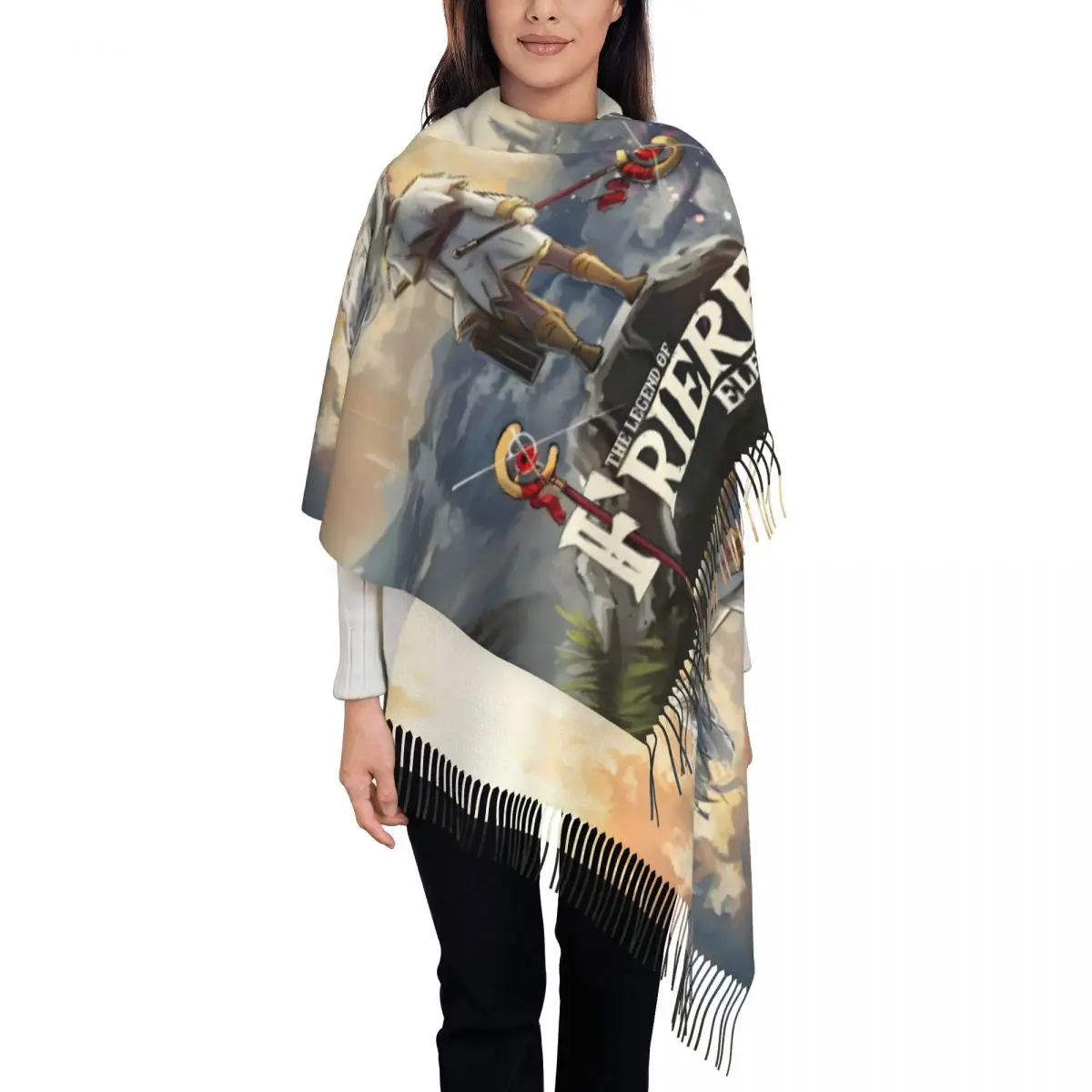 Customized Female Long Frieren Beyond Journey's End Scarves Women Winter Thick Warm Tassel Shawl Wraps Japane Anime Manga Scarf